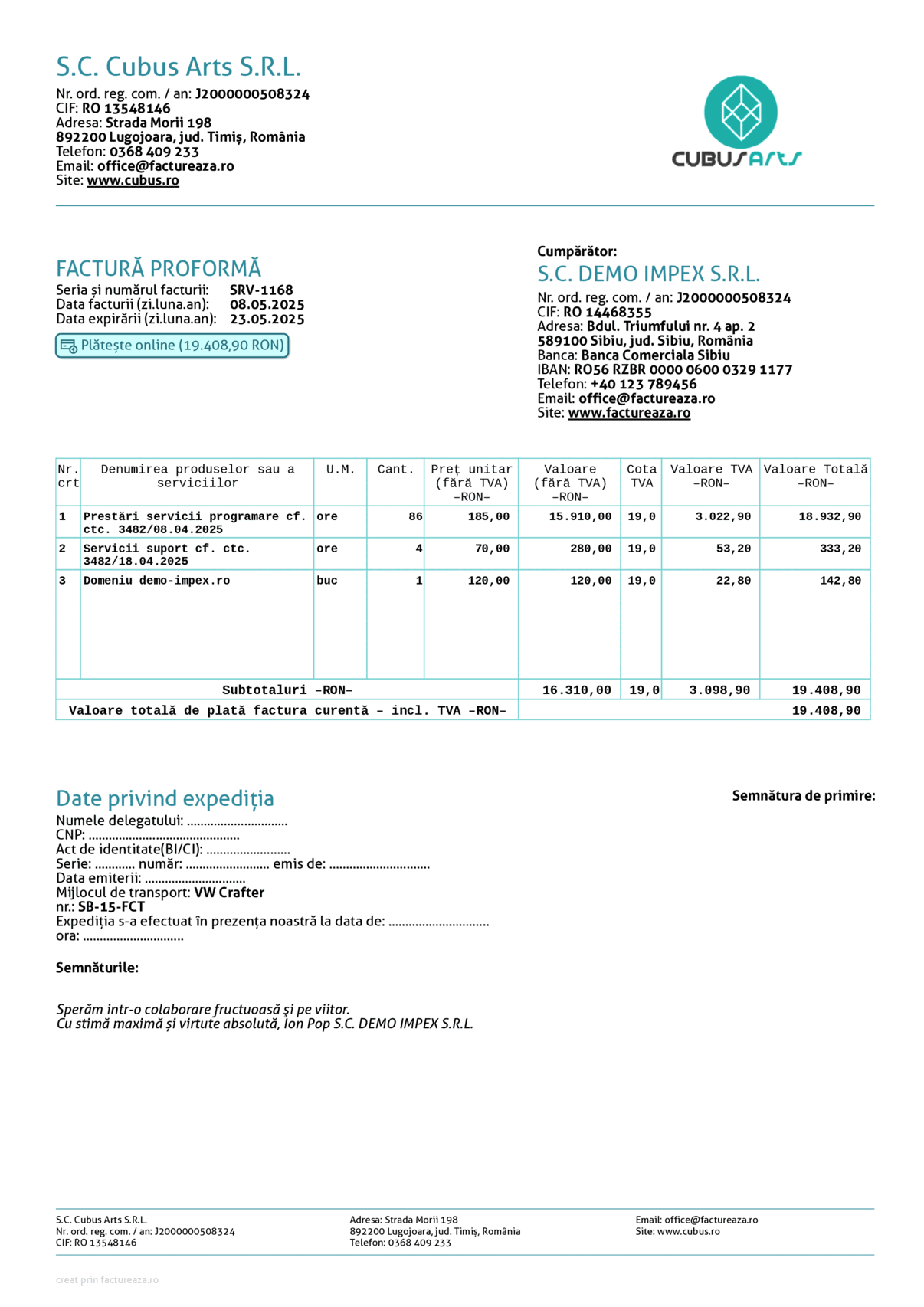 Factură proformă 3x per A4 (Euro + RON), maghiară